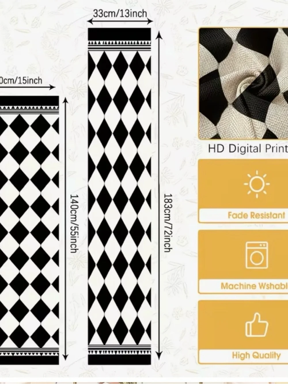 New Black & White Diamond Table Runner-Modern Farmhouse 15.75”x55.12”